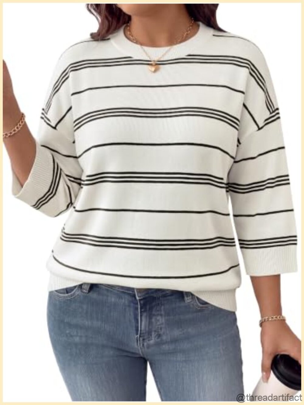 Plus Size Striped Sweater 3/4 Sleeve Crewneck Pullover Knit Top